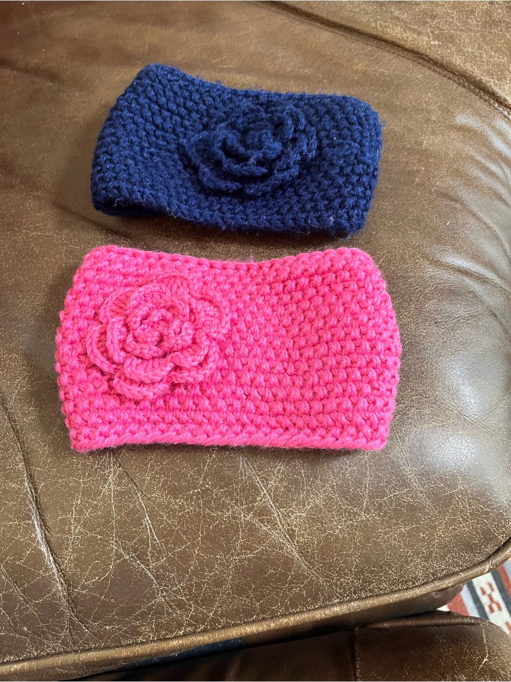 Handmade Kids Crochet Headband with Flower - Pink and Navy